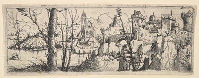 Landschap met fort en een kerk aan een rivier door Augustin Hirschvogel