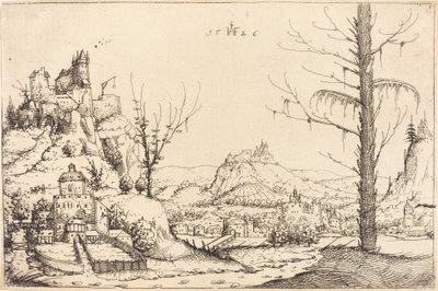 Landschap met hoge kliffen, rivier en stad door Augustin Hirschvogel