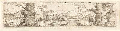 Landschap met een beek en ruïnes door Augustin Hirschvogel