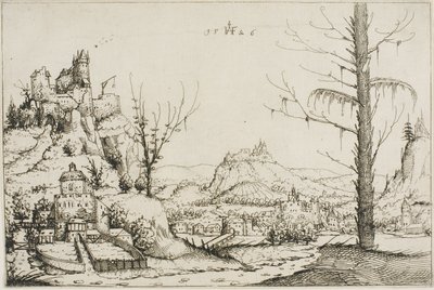 Landschap met een fort op een heuvel door Augustin Hirschvogel