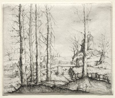 Rivierlandschap met vijf kale sparren op de voorgrond door Augustin Hirschvogel
