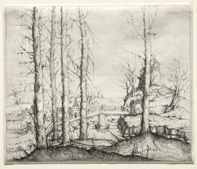 Rivierlandschap met vijf kale sparren op de voorgrond door Augustin Hirschvogel