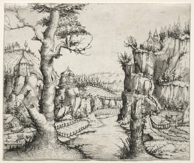 Rivierlandschap met Rotsen Links en Rechts door Augustin Hirschvogel