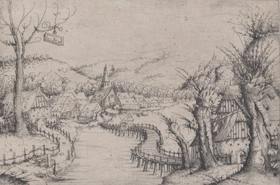 Rivierlandschap met drie kale wilgen rechts en een lange kronkelende houten brug, 1546 door Augustin Hirschvogel