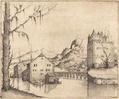 Rivierlandschap met Twee Gebouwen door Augustin Hirschvogel