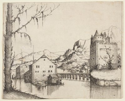 Rivierlandschap met Twee Gebouwen Verbonden door een Brug door Augustin Hirschvogel