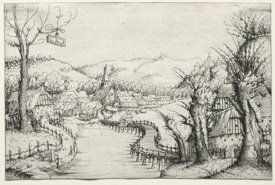 Rivierlandschap met rechts drie kale wilgenbomen en in het midden een lange kronkelende houten brug die naar een dorp leidt door Augustin Hirschvogel