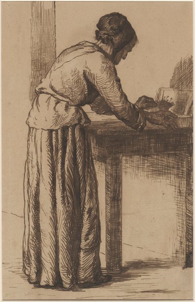 Oude vrouw aan het werk door Augustin Théodule Ribot