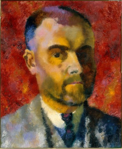Zelfportret van Augusto Giacometti tegen een rode achtergrond door Augusto Giacometti