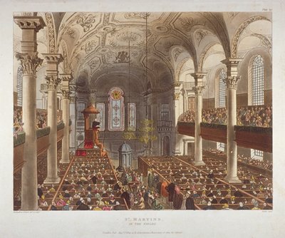 Interieur van de Kerk van St Martin-in-the-Fields, Westminster, Londen door Augustus Charles Pugin, Thomas Rowlandson