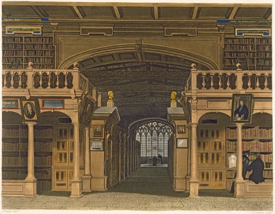 Interieur van de Bodleian Bibliotheek, illustratie uit de 