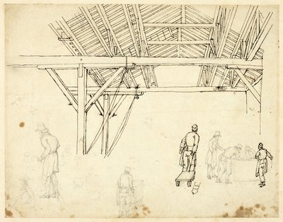 Afgewezen studie, mogelijk voor een illustratie van het Douanehuis, uit Microcosm of London (recto); Schetsen van arbeiders met vaten (verso) door Augustus Charles Pugin