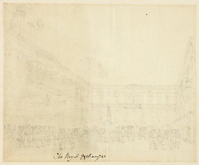 Studie voor de Koninklijke Beurs, uit Microcosm of London door Augustus Charles Pugin