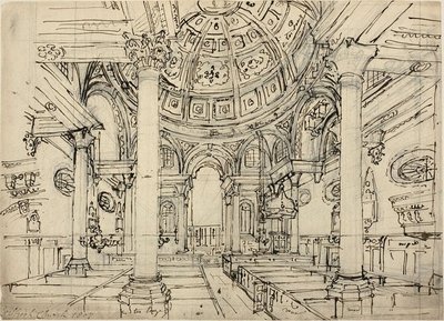 Studie voor Walbrook Kerk (recto); Schetsen van Zeilboten, Mannen en Roeiboten (verso) door Augustus Charles Pugin