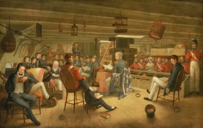 Goddelijke dienst zoals die gewoonlijk wordt uitgevoerd aan boord van een Britse fregat op zee door Augustus Earle