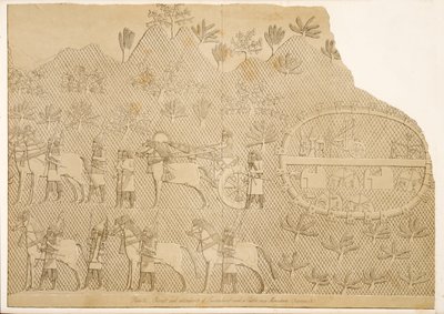 Strijdwagen en bedienden van Sanherib en een kasteel op een berg (Kouyunjik), uit Monumenten van Nineveh, uitgegeven 1849 door Austen Henry Layard