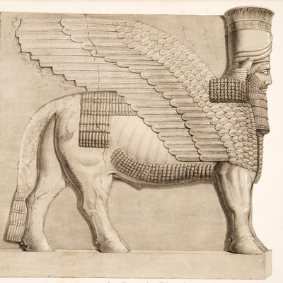 Menselijk hoofd stier en gevleugelde figuur van een poort in de muur rond Kouyunjik, uit Monumenten van Nineveh, uitgegeven 1849 door Austen Henry Layard