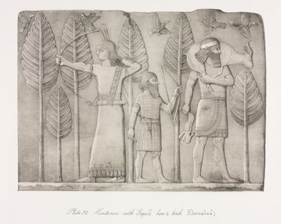 Monumenten van Nineveh: Plaat 32, Jagers met gazelle, haas en vogels Khorsabad, 1853 door Austen Henry Layard