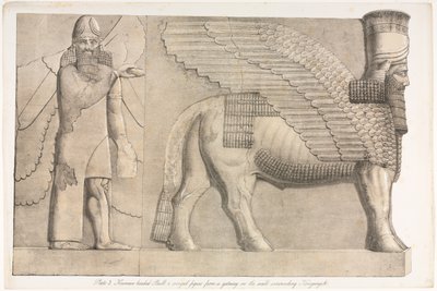 Monumenten van Nineve: Plaat 3, Menselijk hoofd met stier en gevleugeld figuur..., 1853 door Austen Henry Layard