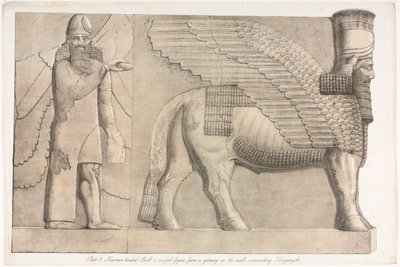 Monumenten van Nineve: Plaat 3, Menselijk-hoofdige Stier en Gevleugelde Figuur van een Poort in de Muur Rondom Kouyunjik (Quyunjik) door Austen Henry Layard