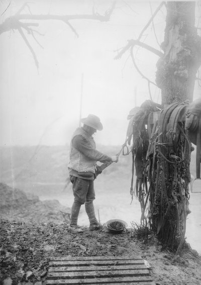 Een onbekende Australische artilleriebestuurder die modder van het harnas van zijn team schoonmaakt in een kwartier nabij Mametz, december 1916 door Australian Photographer