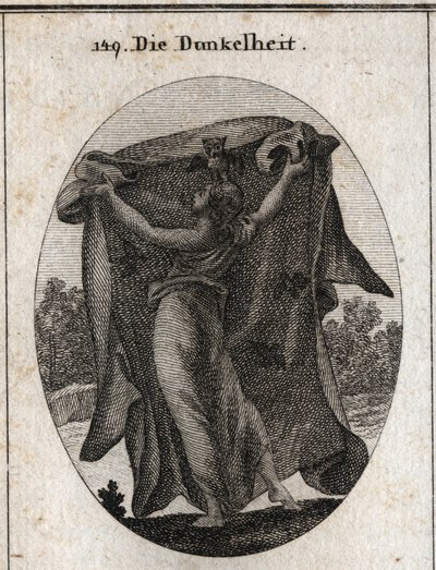 Allegorie van duisternis. Ze spreidt een donker sluier uit waarmee ze het binnendringen van licht verhindert. Haar attributen zijn de uil en andere nachtvogels. Gravure in 