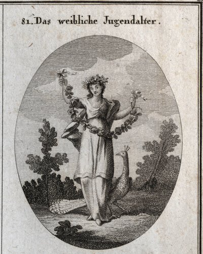 Allegorie van adolescentie (tienermeisje) voorgesteld door een jonge vrouw met een kroon en een bloemenkrans om gelukzaligheid aan te duiden. De pauw symboliseert de liefde voor versiering. Haar voet staat op een zandloper. Gravure in 