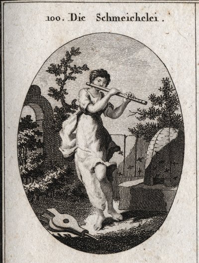 Allegorie van vleierij die fluit speelt om aan te geven dat ze probeert zich in te dringen door de zoetheid van haar woorden. Haar attribuut is de bij (voor de zoetheid van honing en het gif van de angel) en de blaasbalg (vleierij ontsteekt het vuur van pa door Austrian School