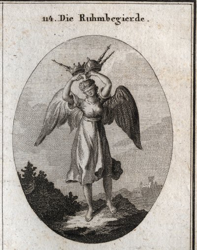 Allegorie van ambitie. Haar vleugels markeren haar neiging om te stijgen en haar overmoed wordt weergegeven door verschillende soorten kronen en scepters. De blinddoek benadrukt haar gebrek aan onderscheidingsvermogen en haar blindheid voor alles wat ze de door Austrian School