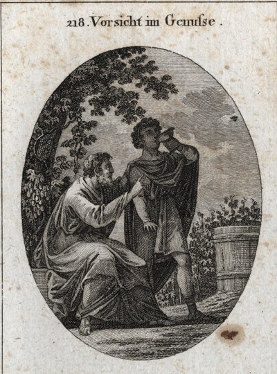 Allegorie van voorzichtigheid terwijl ze geniet. Een filosoof waarschuwt ons dat de wijnstok drie soorten druiven produceert: die van plezier, die van dronkenschap en die van pijn en waanzin. Gravure in 