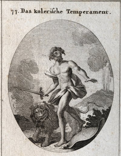 Allegorie van cholerische gemoedstoestand. Hij houdt een zwaard vast om aan te vallen en heeft net zijn schild weggegooid, vergetend zichzelf te verdedigen. Zijn attribuut is een dreigende leeuw. Gravure in 