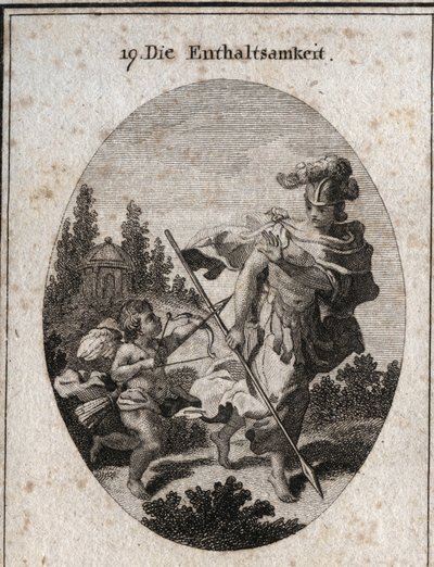 Allegorie van matigheid, heroïsche deugd vertegenwoordigd als een krijger met een helm en een speer naar de aarde gericht. Ze vermijdt het vechten tegen passies (vertegenwoordigd door liefde) en verdedigt zich tegen hun aantrekkingskracht om haar kuisheid  door Austrian School