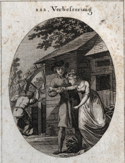 Allegorie van correctie. Uitdrukking: Bij de molen en een jonge bruid is er altijd iets te doen. Gravure in 