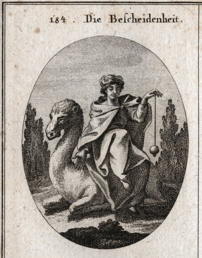 Allegorie van discretie. Het lood dat ze loodrecht houdt is het attribuut van correctheid. Ze zit op een knielende kameel om haar rit te vergemakkelijken. Gravure in Iconologie oder Ideen aus dem Gebiete der Leidenschaften und Allegorien bildich dargestell door Austrian School