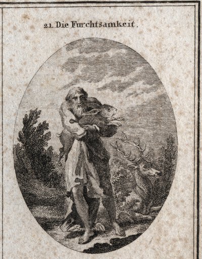 Allegorie van angst in de gedaante van een oude man met vleugels aan zijn voeten die bevorderlijk zijn voor ontsnapping. Zijn attributen zijn haas en hert. Gravure in “Iconologie oder Ideen aus dem Gebiete der Leidenschaften und Allegorien bildich dargeste door Austrian School