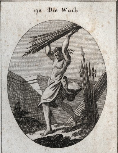 Allegorie van woede. Met een blinddoek gooit ze een bundel van verschillende soorten wapens om haar triomf in de oorlog, slachtingen en gevechten te markeren. Gravure in "Iconologie oder Ideen aus dem Gebiete der Leidenschaften und Allegorien bildich darge door Austrian School