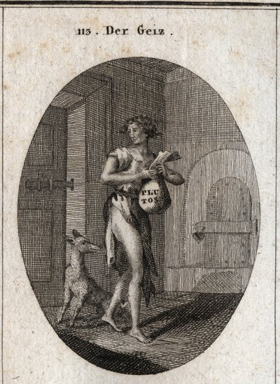 Allegorie van hebzucht afgebeeld in lompen met een gouden ketting die hem als riem dient, wat benadrukt dat bezit van eigendommen haar slaaf maakt tot het punt dat ze de noodzakelijke dingen weigert. Op de beurs staat de naam Pluto, god van rijkdom in de m door Austrian School