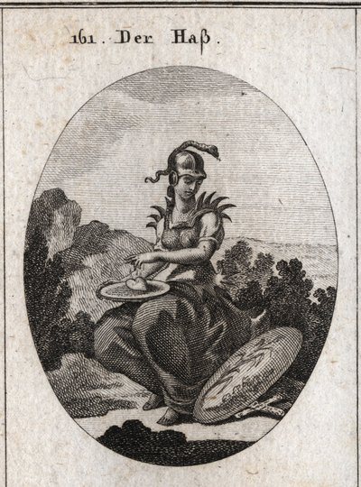 Allegorie van haat. Haar harnas is bedekt met ijzeren punten, haar helm omringd met een adder en ze houdt een schaal vast waarop een hart ligt dat ze besprenkelt met gal. Haar attribuut is een schild waarop een rietplant en een varen zijn afgebeeld, beide  door Austrian School