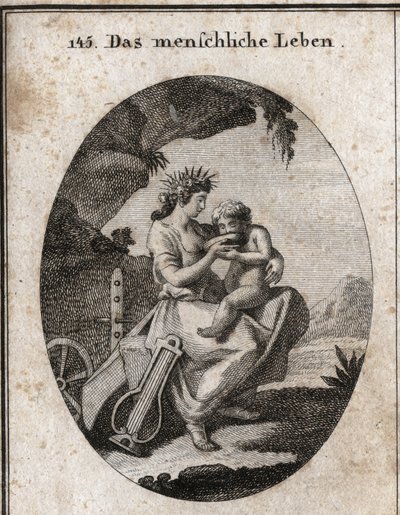 Allegorie van het menselijk leven. Lier en ploeg symboliseren plezier en werk. Ze geeft een kind te drinken, essentieel om te leven. Gravure in 