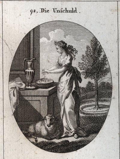 Allegorie van onschuld. Gravure in "Iconologie oder Ideen aus dem Gebiete der Leidenschaften und Allegorien bildich dargestellt fur Zeichner, Mahler" door Austrian School