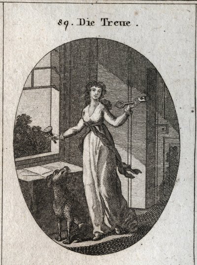 Allegorie van loyaliteit waarvan de symbolen de sleutel, het zegel en de hond zijn. Gravure in 