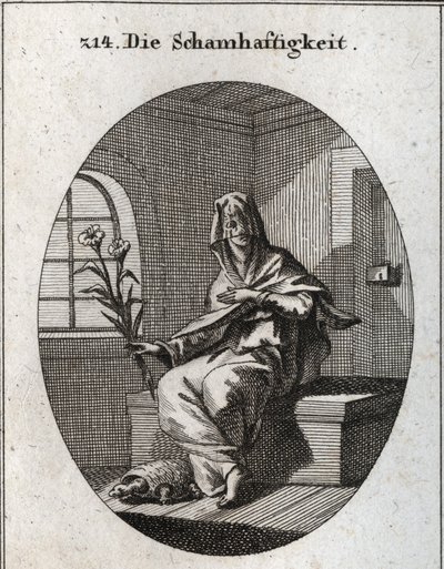 Allegorie van bescheidenheid. Haar symbool is een tak van lelies en een schildpad die betekent dat bescheiden vrouwen uit hun huizen moeten worden verwijderd. Haar gezicht is bedekt met een sluier. Gravure in 