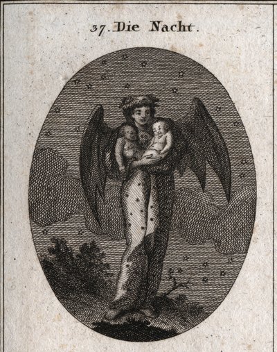 Allegorie van de nacht afgebeeld met vleermuisvleugels. Ze houdt twee slapende kinderen vast, een witte en een zwarte (droom en nachtmerrie). Gravure in 