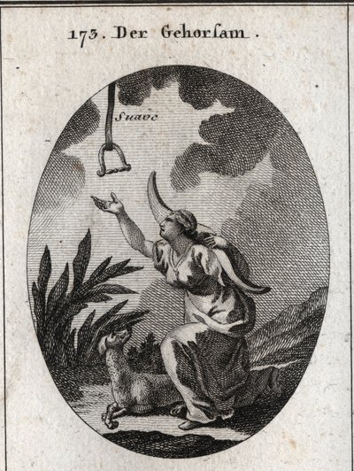 Allegorie van gehoorzaamheid. Ze houdt een juk op haar schouders en beweegt zich naar voren om een rem te ontvangen die uit de open hemel neerdaalt waarin het woord 