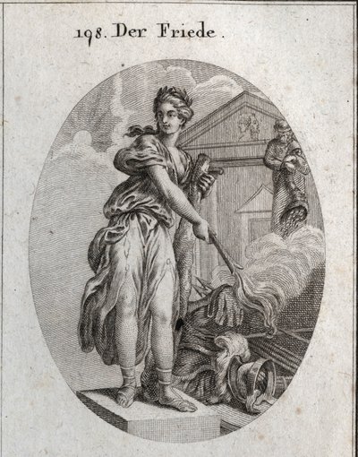 Allegorie van vrede. Ze draagt een krans van olijfbomen en houdt een knuppel vast terwijl ze met een fakkel een trofee van wapens verbrandt. Daarachter betekent het standbeeld van Plutus dat overvloed en rijkdom haar voordelen zijn. Gravure in "Iconologie  door Austrian School