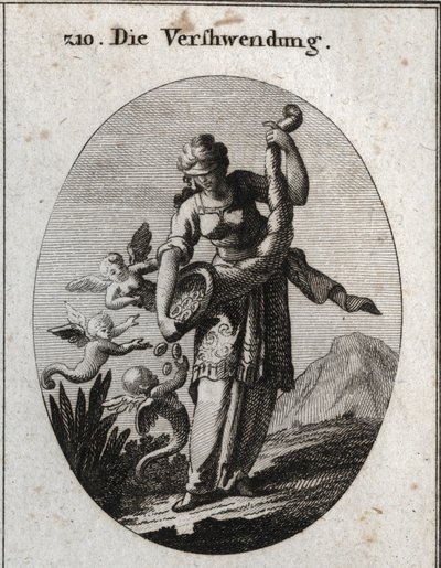 Allegorie van verkwisting afgebeeld met een blinddoek en schuddend een hoorn van overvloed waaruit zilver en sieraden vallen die harpijen gretig nemen. Gravure in 