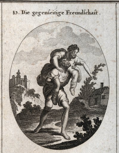 Allegorie van wederzijdse vriendschap. Een blinde man wordt de weg gewezen door de stem van een verminkte man op zijn schouders. Gravure in 