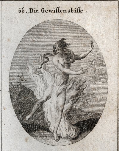 Allegorie van wroeging omringd door brandende vlammen met een slang die zijn hart steelt. Gravure in 