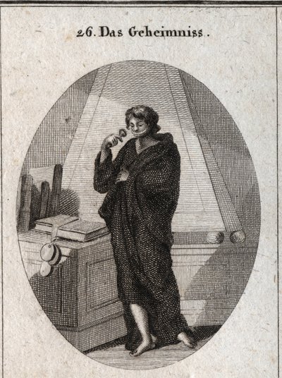 Allegorie van geheimhouding. Gravure in "Iconologie oder Ideen aus dem Gebiete der Leidenschaften und Allegorien bildich dargestellt fur Zeichner, Mahler" door Austrian School