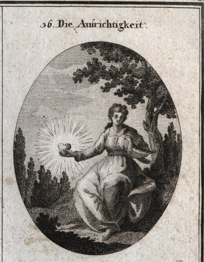 Allegorie van oprechtheid met een duif tegen haar borst en een stralend hart. Gravure in 